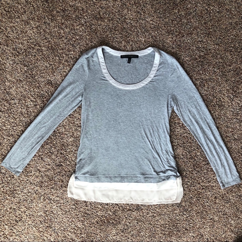 WHBM Gray Scoop neck Blouse Sheer Trim Long Sleeve